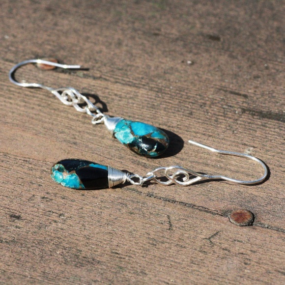 Handcrafted Natural Obsidian Turquoise Earrings Sterling Silver - Picture 6 of 7